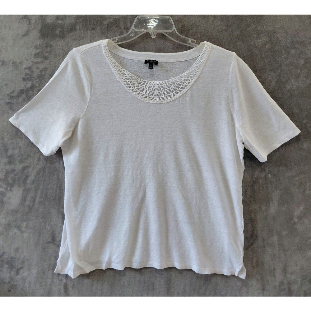 Talbots Woman Linen Crochet Trim Tee Shirt Women's Size 1X White Coastal Resort